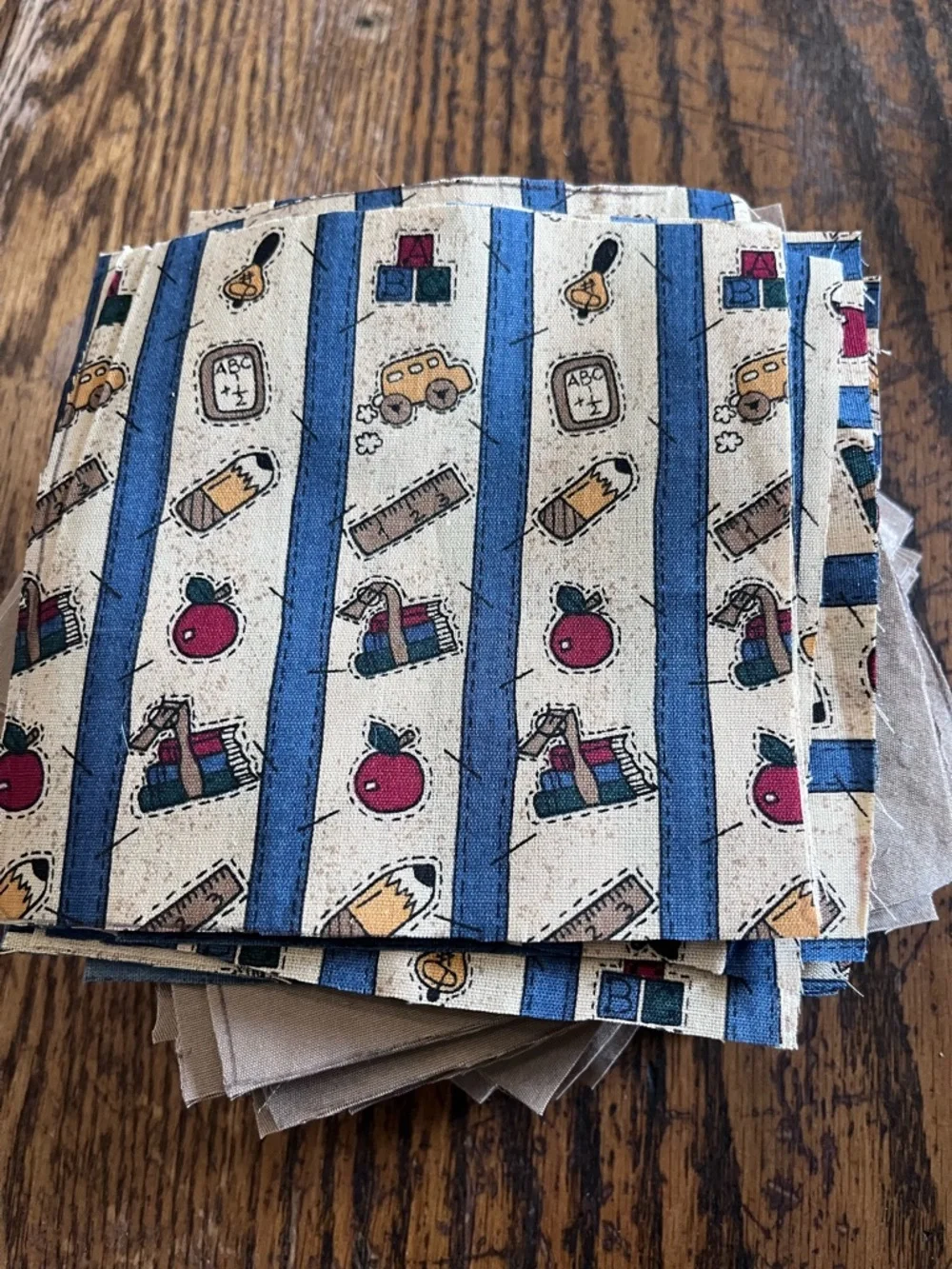 Quilt cotton patches Blue & Tan School Print fabric